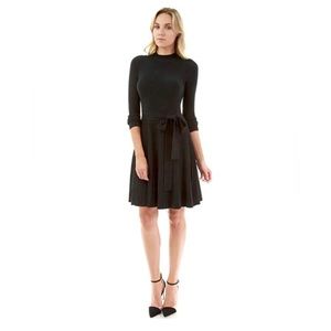 Mock neck, long sleeve, black, flare sweater dress.